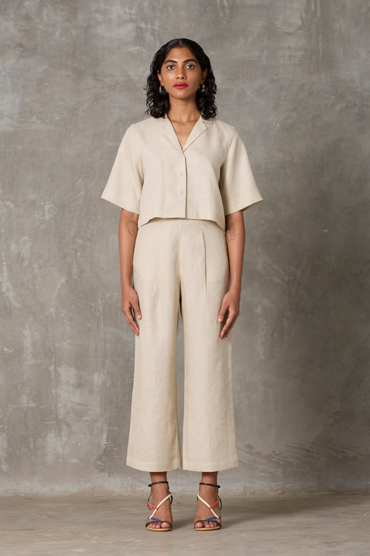 Clyde Organic Linen Sand Smart Everyday Coord Set With Cropped Shirt