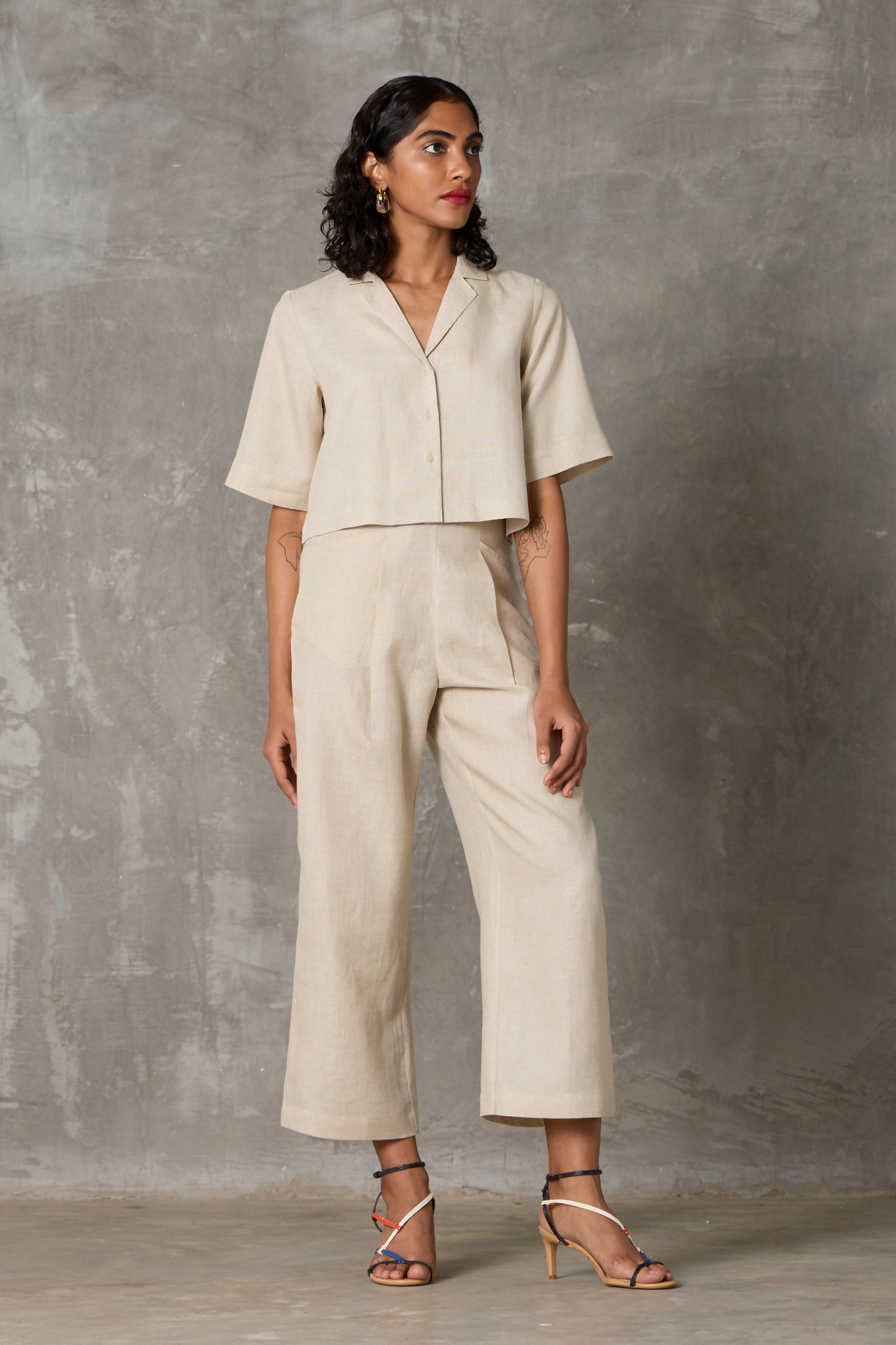 Clyde Organic Linen Sand Smart Everyday Coord Set With Cropped Shirt