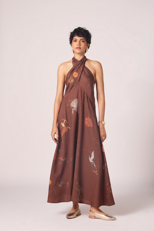 Vannam Brown Zodiac Print Halter Dress