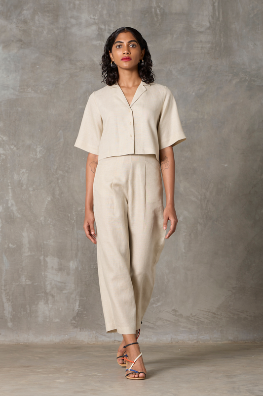 Clyde Organic Linen Sand Smart Everyday Coord Set With Cropped Shirt