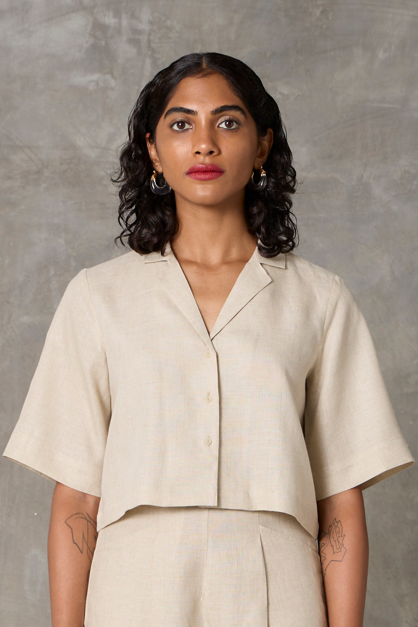 Clyde Organic Linen Sand Smart Everyday Coord Set With Cropped Shirt