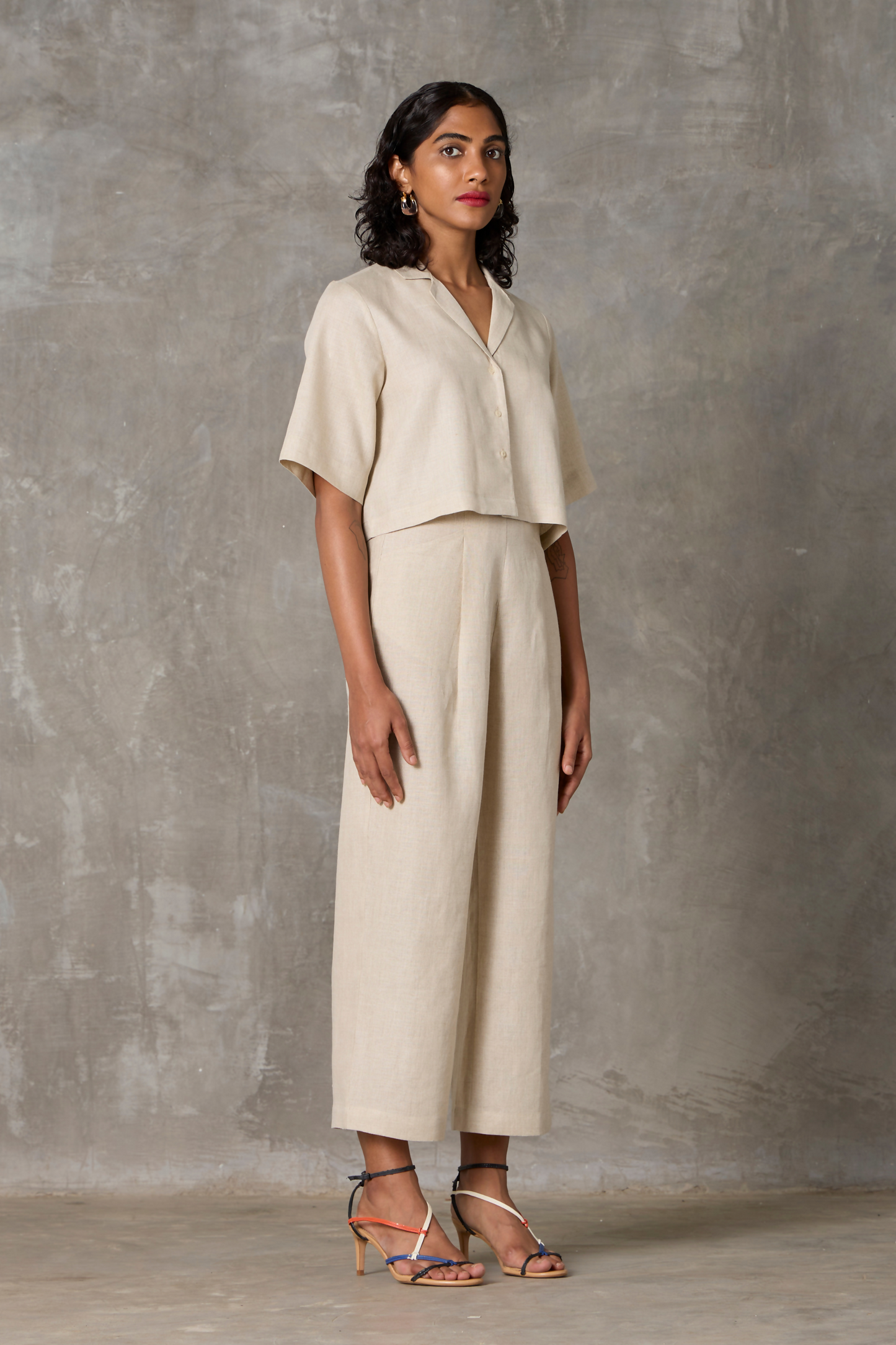 Clyde Organic Linen Sand Smart Everyday Coord Set With Cropped Shirt